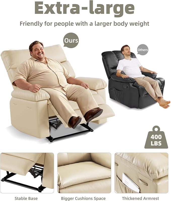GarveeHome Oversized Wide Recliner Chair - Faux PU Leather Large Manual Recliner for Adults, Lazy Chair with 1.5X Sponge Comfort Arm and Back for Living Room, Bedroom - Cream