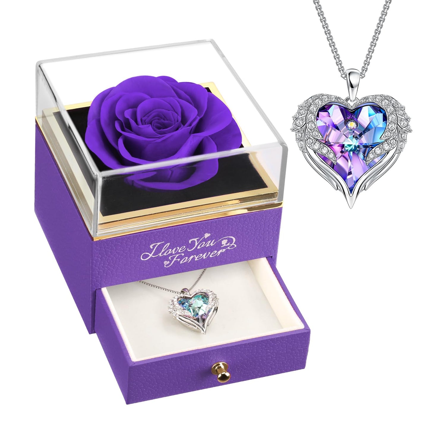 NEWNOVE Preserved Real Purple Rose with Angle Wings Necklace, Mothers Day Flowers Gifts for Mom Grandma Wife Girlfriend, I Love You Gifts for Her, Anniversary or Birthday Gifts for Women