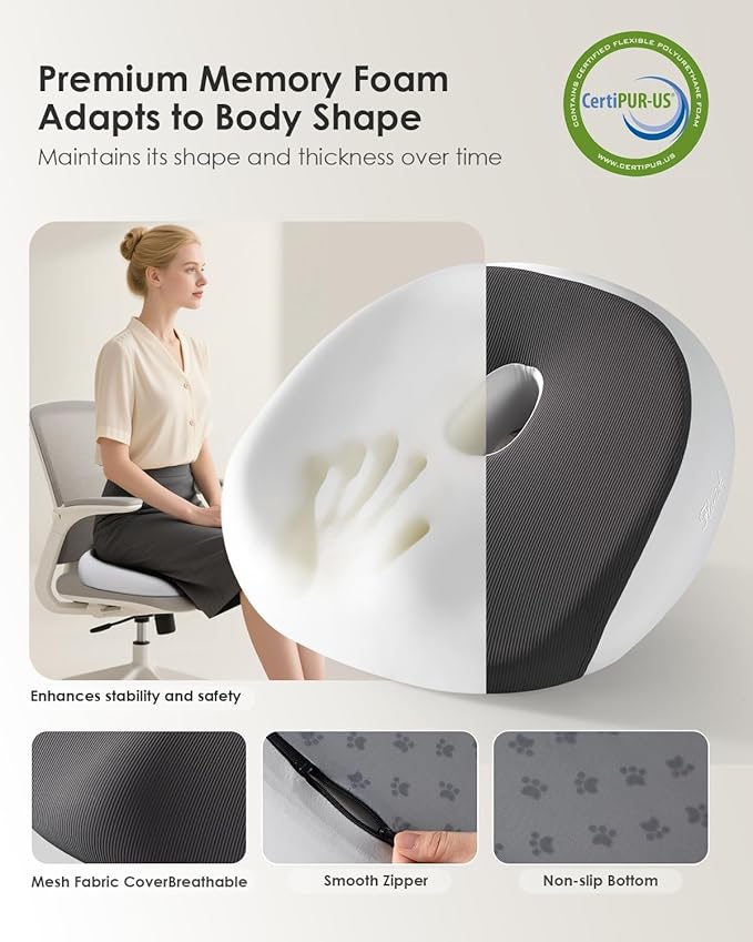 FLORICH Seat Cushion, Memory Foam Cushion for Office Chair, Ergonomic Office Seat Chair Cushion for Relieving Sciatica, Soft & Breathable Car Seat Cushion - Gray