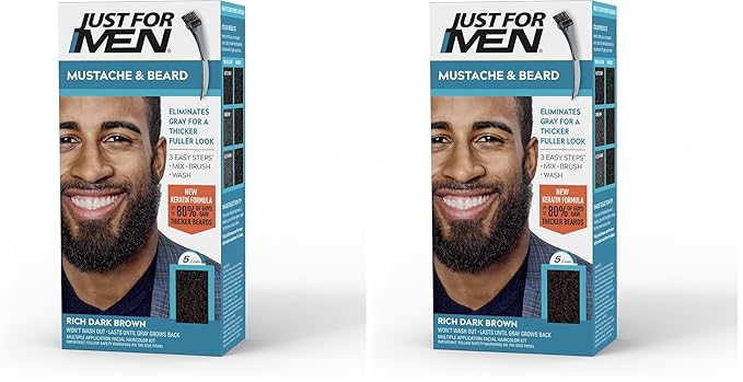 Just For Men Mustache & Beard, Beard Dye for Men with Brush, With Keratin Biotin Aloe and Coconut Oil for Healthy Facial Hair - Rich Dark Brown, M-47, Pack of 2 (Packaging May Vary)