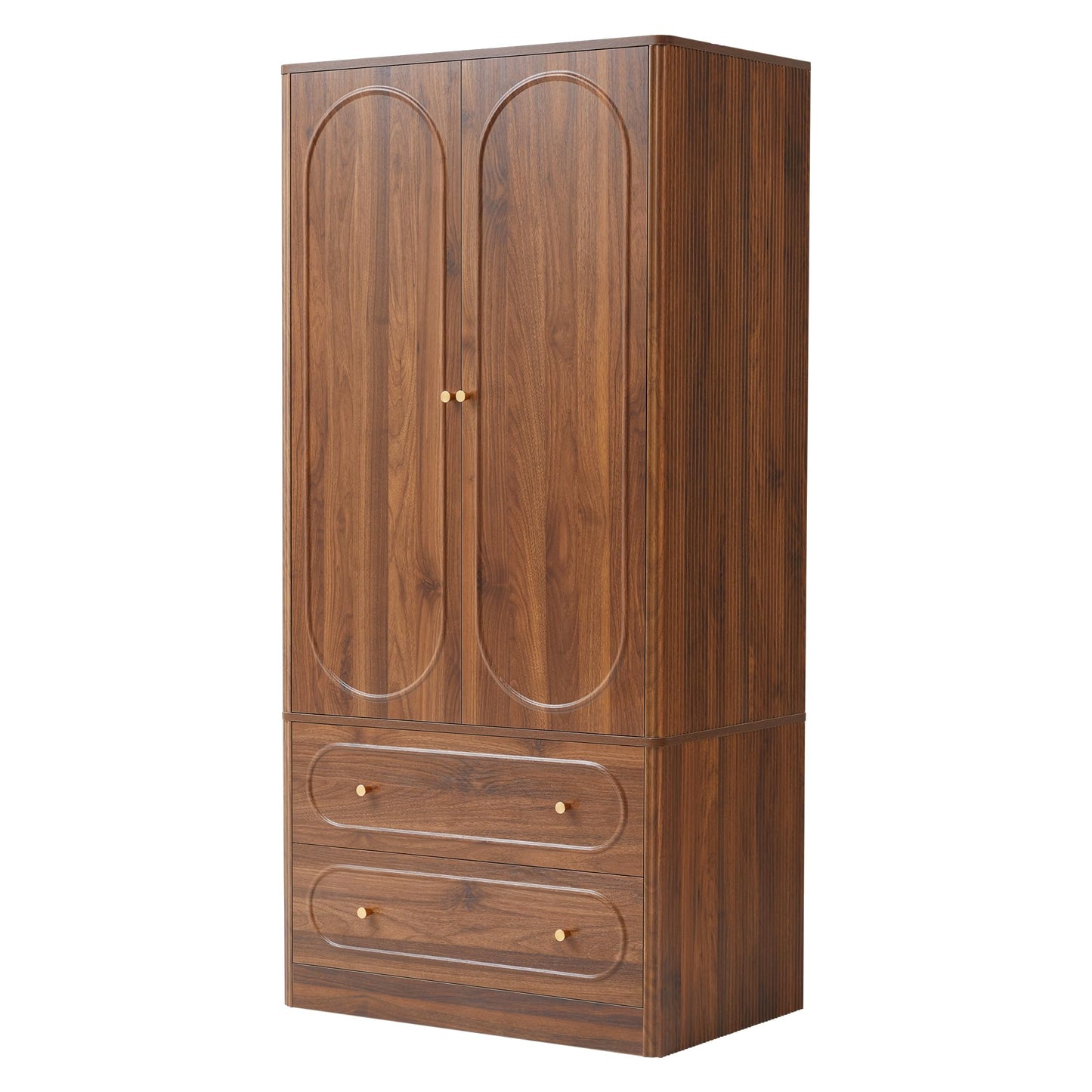 ORRD Fluted Freestanding Armoire Wardrobe Closet with 2 Doors and 2 Storage Drawers, Large Capacity Wardrobe Cabinet, Wooden Closet for Bedroom, Living Room - Walnut
