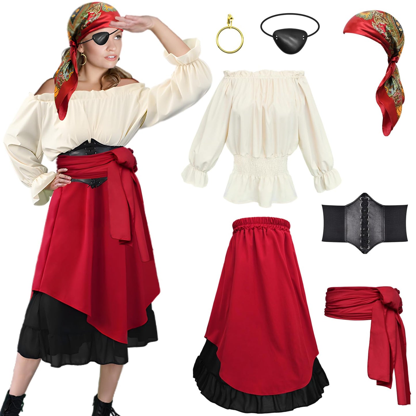 Prebene 7 Pcs Halloween Womens Pirate Costume Renaissance Pirate Blouse Tops Skirt Medieval Corset Belt Headscarf Eye Patch Outfit (Beige + Red, XXL)