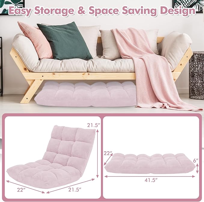GOFLAME 14-Position Folding Floor Chair, Padded Gaming Lazy Sofa Chair with Adjustable Backrest, Couch Recliner, Sleeper Bed Lounge Chair for Reading, Gaming, Meditating (Light Pink)