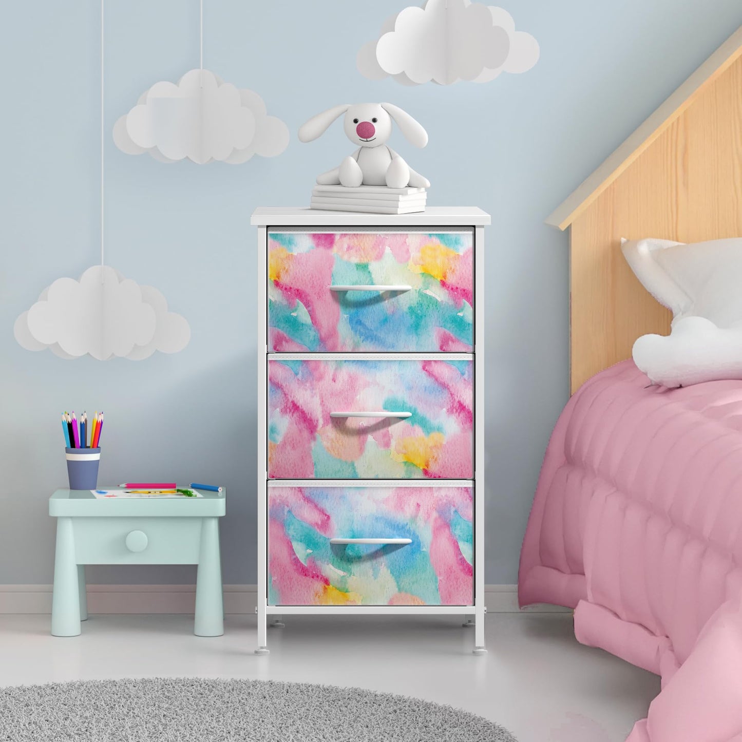 Sorbus Kids Dresser with 3 Drawers - Storage Chest Organizer Nightstand - Steel Frame, Wood Top, Tie-Dye Fabric Bins for Clothes - Wide Furniture for Bedroom, Hallway, Nursery, Closet, & Apartment
