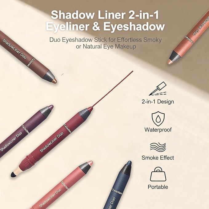 Shadow Liner 2-in-1 Eyeliner & Eyeshadow, Shadow Liner Duo with Smudge Brush, Waterproof Smudge-Proof Long-Lasting Makeup, Smooth, Effortless Smoky or Natural Eye Makeup (heat+ sizzle)