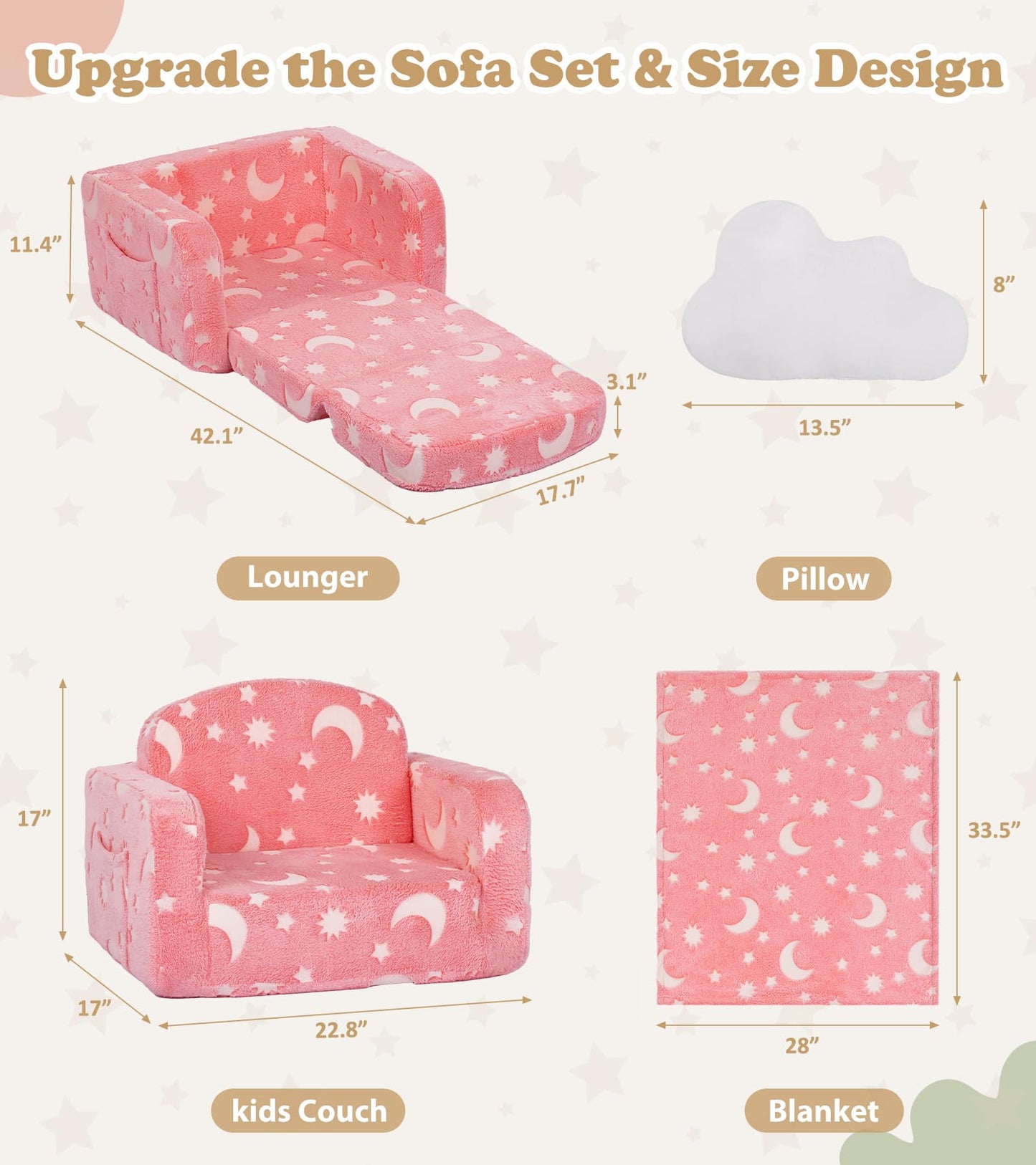Kids Couch, 2-in-1 Soft Toddler Couch Fold Out with with Blanket and Cloud Pillow, Glow in The Dark, Convertible Sofa Comfy to Lounger, Gifts for Kids Girl Boys, Medium Pink Moon