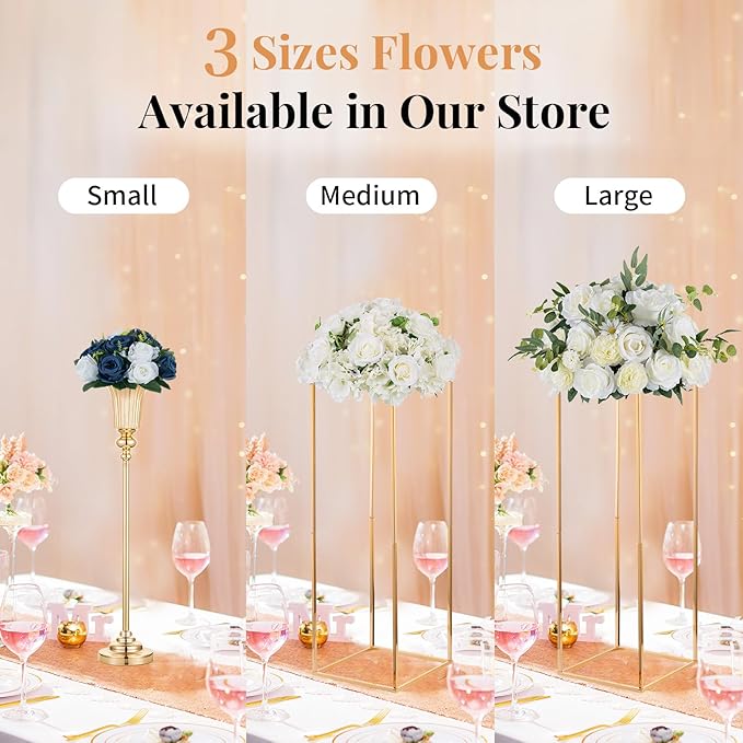 NUPTIO Artificial Flower Centrepieces for Tables - 2 Pcs 9.5in Diameter Navy Blue & White Fake Flowers Roses Balls - Silk Faux Rose Arrangement for Wedding Party Centerpiece Table Decorations