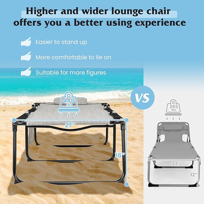 GYMAX Lounge Chair for Outside, 440lbs 27” Oversize Folding Beach Tanning Sunbath Chair with Adjustable Backrest & Removable Pillow, Lightweight Portable Patio Lounger for Lawn Poolside (2, Grey)