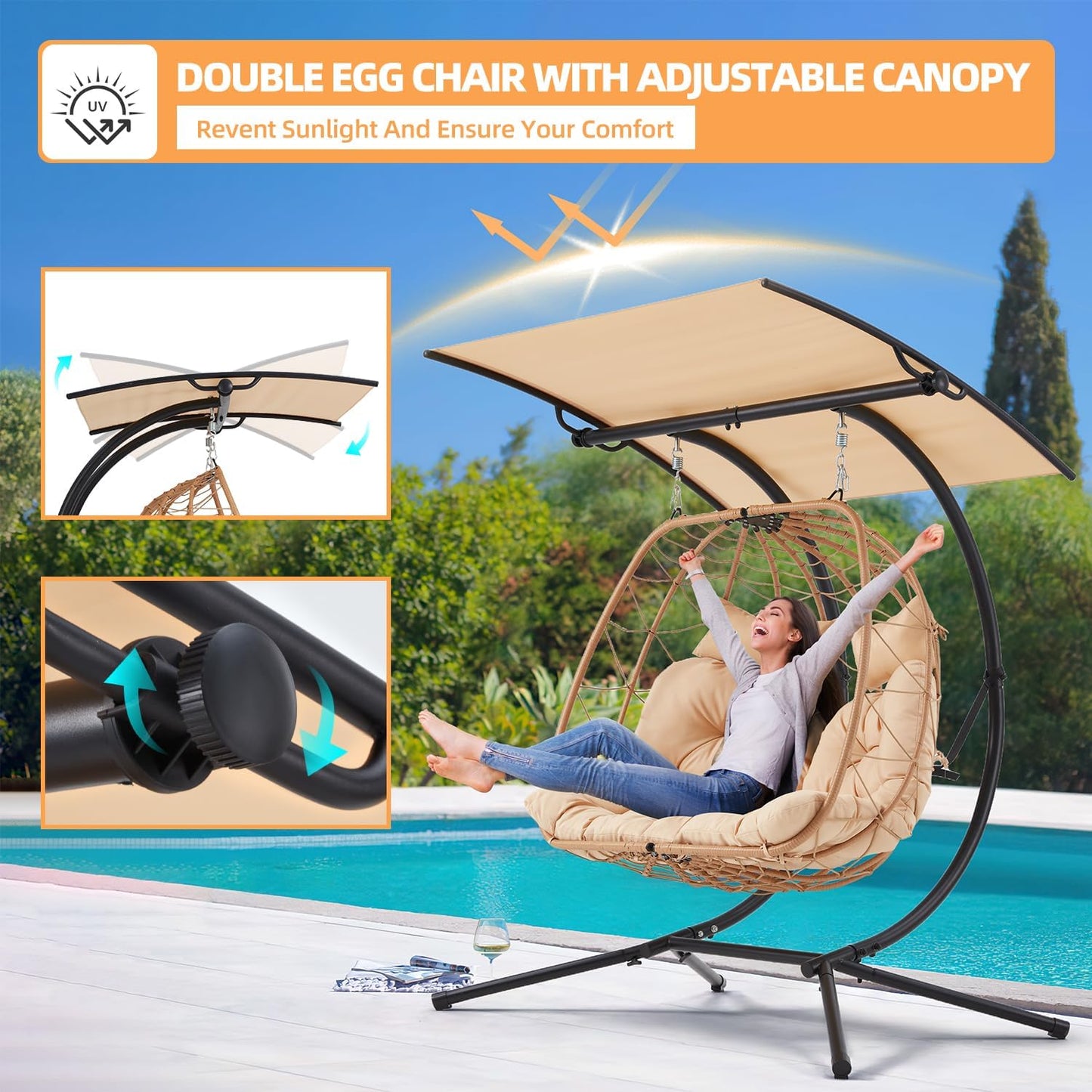 YOLENY Oversized Double Egg Chair with Adjustable Canopy, Patio Hanging Swing Chair, Hammock Chair with Cushion