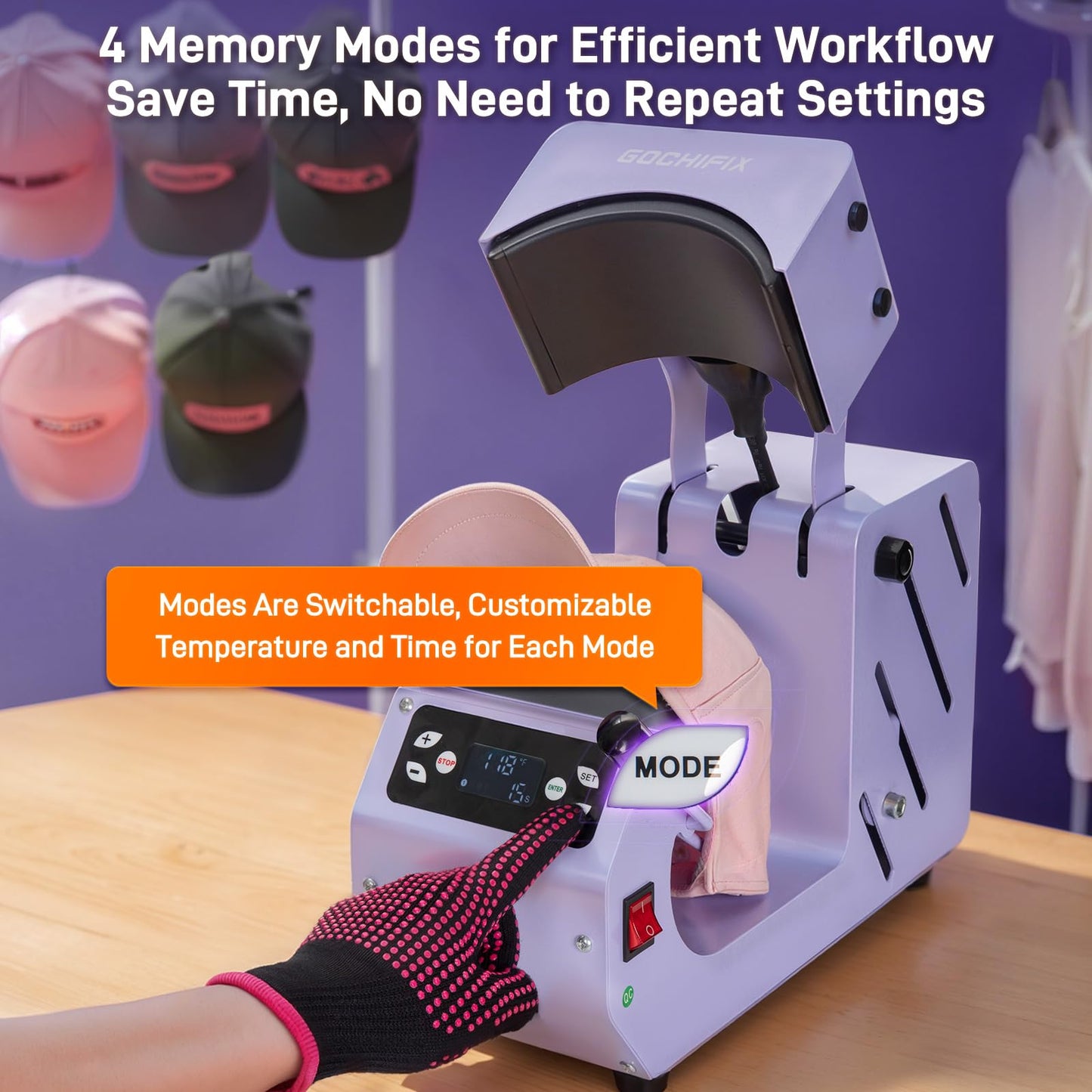 GOCHIFIX Auto Hat Heat Press Machine, Automatic Open/Release, 4 Memory Modes, Precise Temp/Timer Control, 6.54"x3.84"Curved Heat Plate, Hat Stretcher, for Caps, Sublimation, Vinyl, Heat Transfer