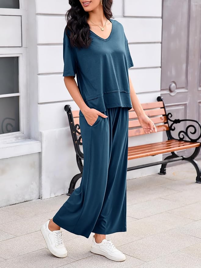 Tankaneo Womens 2 Piece Sets Casual Tracksuits Short Sleeve Tops Wide Leg Pants Outfits Lounge Sets