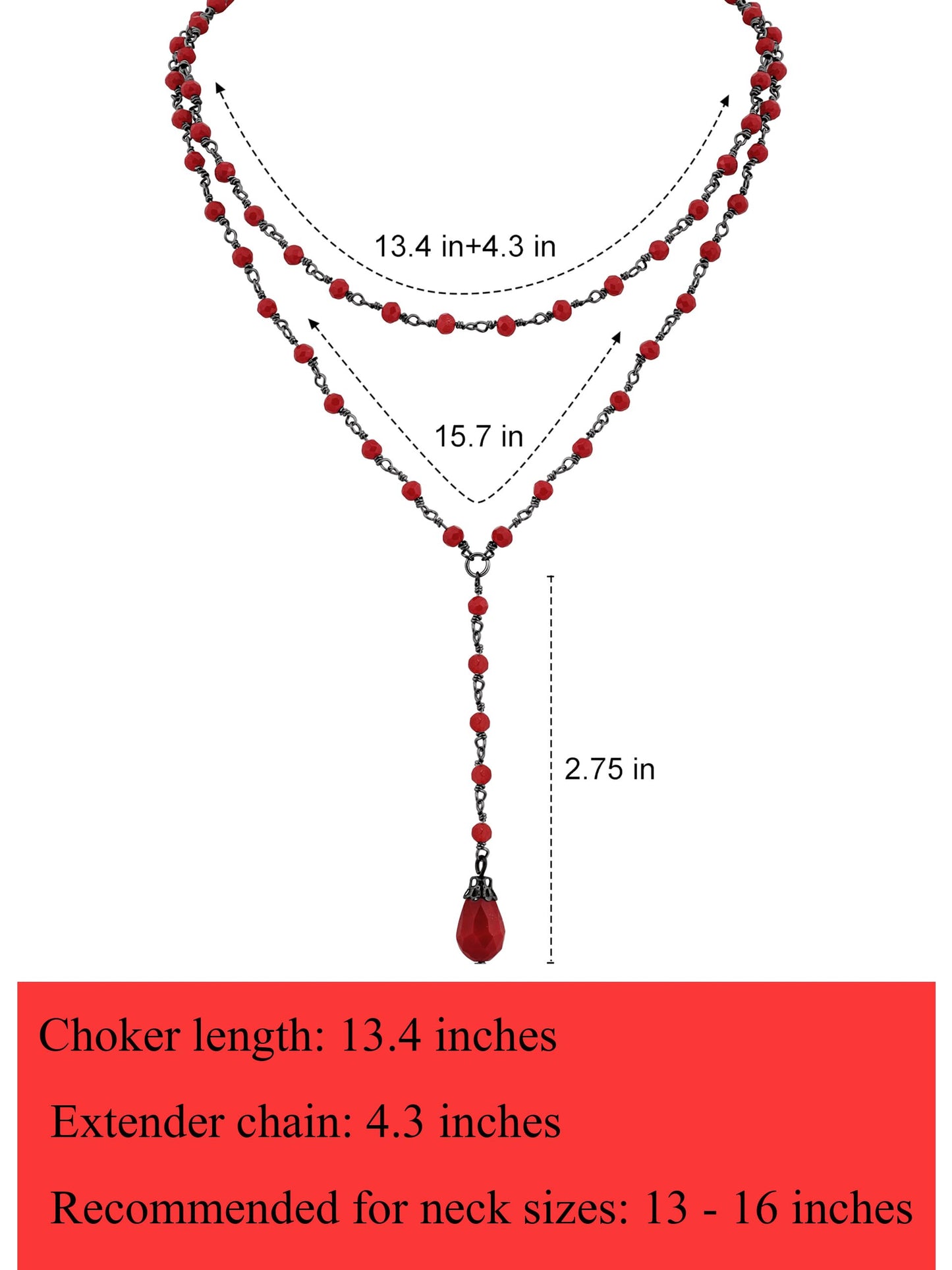 Sacina Gothic Layered Red Choker, Dainty Y Necklace, Bead teardrop Choker, Gothic Goth Necklace, Christmas Jewelry Gift for Women