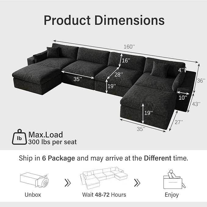 160'' Oversized Boneless Sectional Couches for Living Room, Deepseat Boneless Cloud Modular Sectional Sofa with Ottoman, No Assembly Required L-Shape Cloud Sofa, Plush Fabric, Black