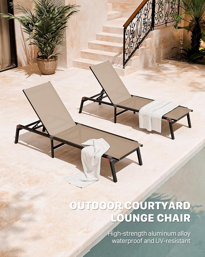WOAJNQO Aluminum Patio Chaise Lounge Chair Set of 2 with Side Table,5-Position Adjustable Backrest,Foldable Lounge Chair Outdoor,Pool Lounge Chairs for Poolside,Lawn,Deck,Beach (Khaki, 2 Pack+Table)