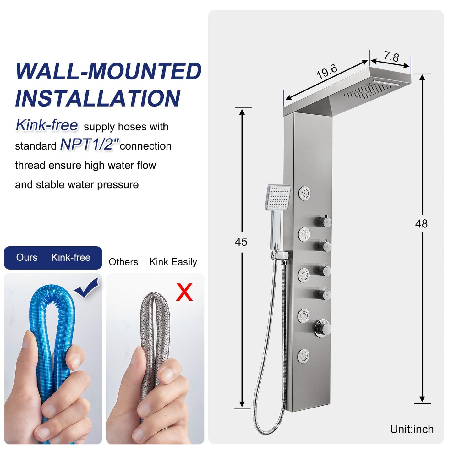 ROVATE Rainfall Waterfall Shower Tower Panel System, 304 Stainless Steel Bathroom Shower Panel Tower with 5 Body Sprays and Flexible Handheld Shower, Shower Column Wall Mount, Delicate Brushed Finish