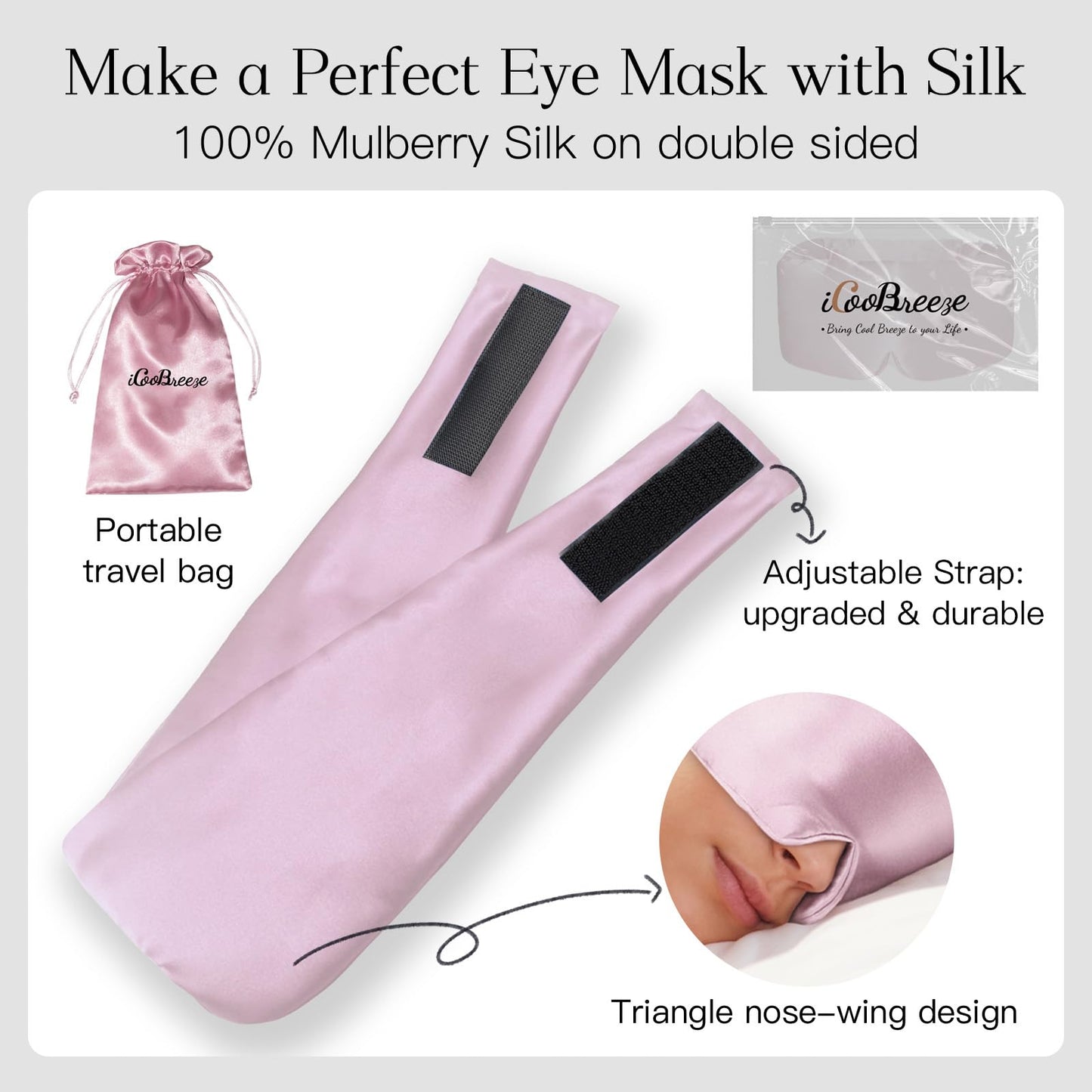 iCooBreeze 100% Natural Silk Eye Mask for Women Men, Soft Pressureless Cooling Blackout Eye Covers for Sleeping, Large Size Sleep Mask fits All Heads Adjustable, 1PC, Lotus Pink