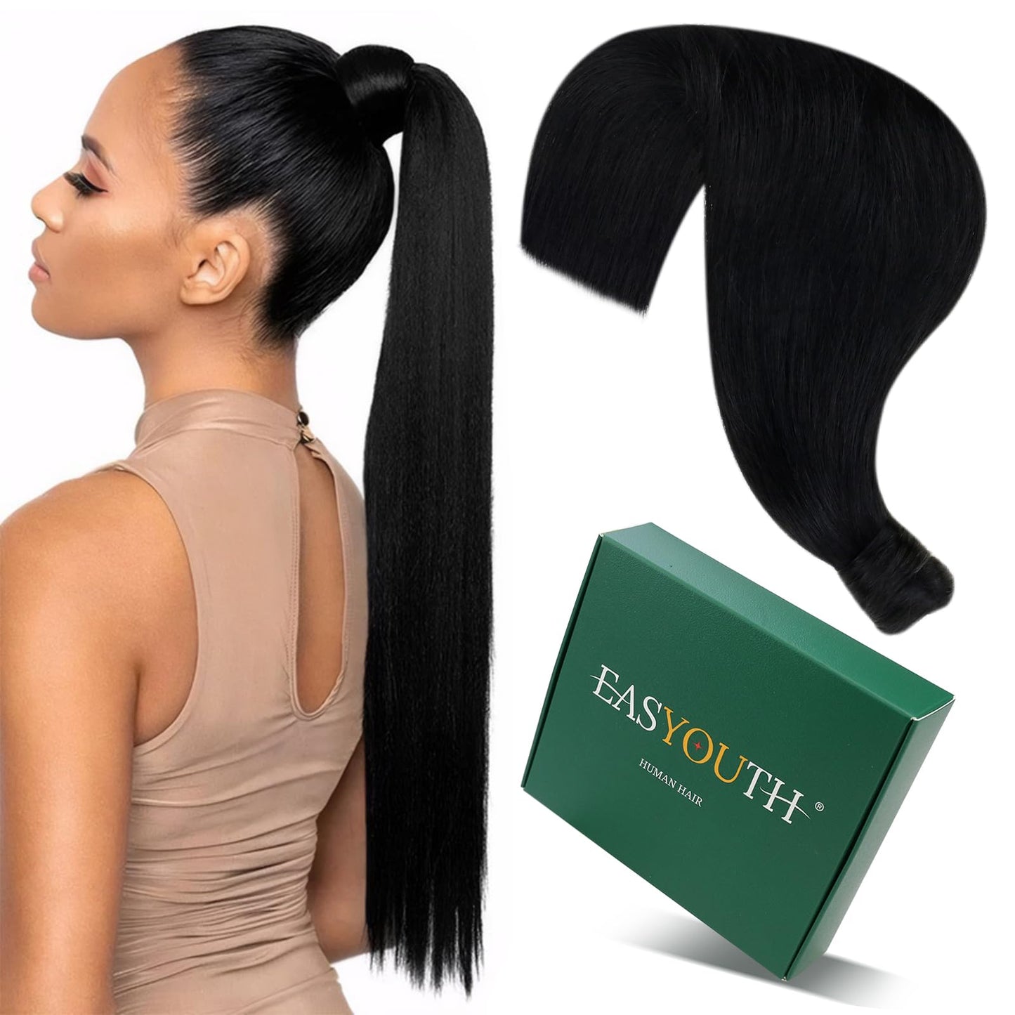 Easyouth Ponytail Extensions Human Hair Black Human Hair Ponytail Extension Jet Black 14 Inch Hair Extensions Ponytail for Schoo