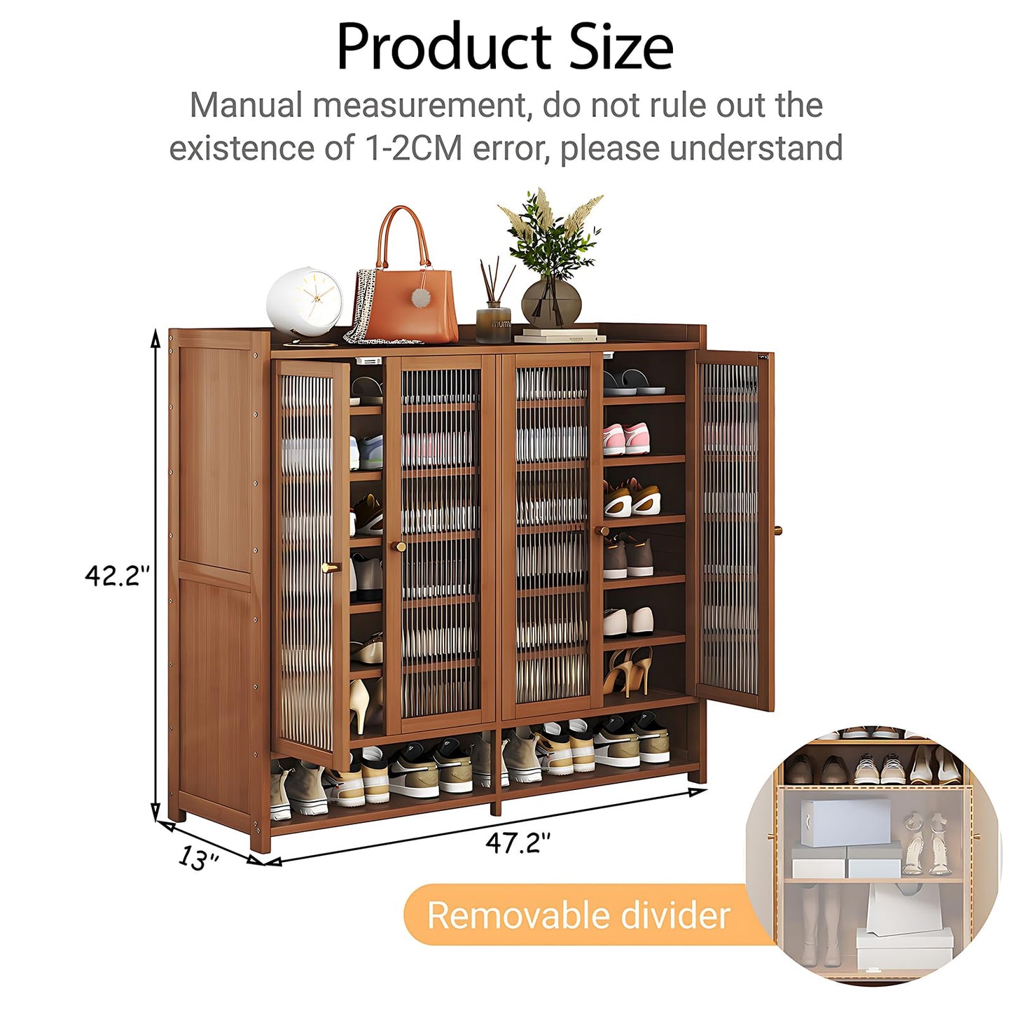 sasygfi 8 Tier Bamboo Shoe Cabinet, Shoe Storage Cabinet with Doors, Large Shoe Organizer with Shelves, Shoe Rack Organizer for Entryway, Hallway, Closet, Living Room (Brown)