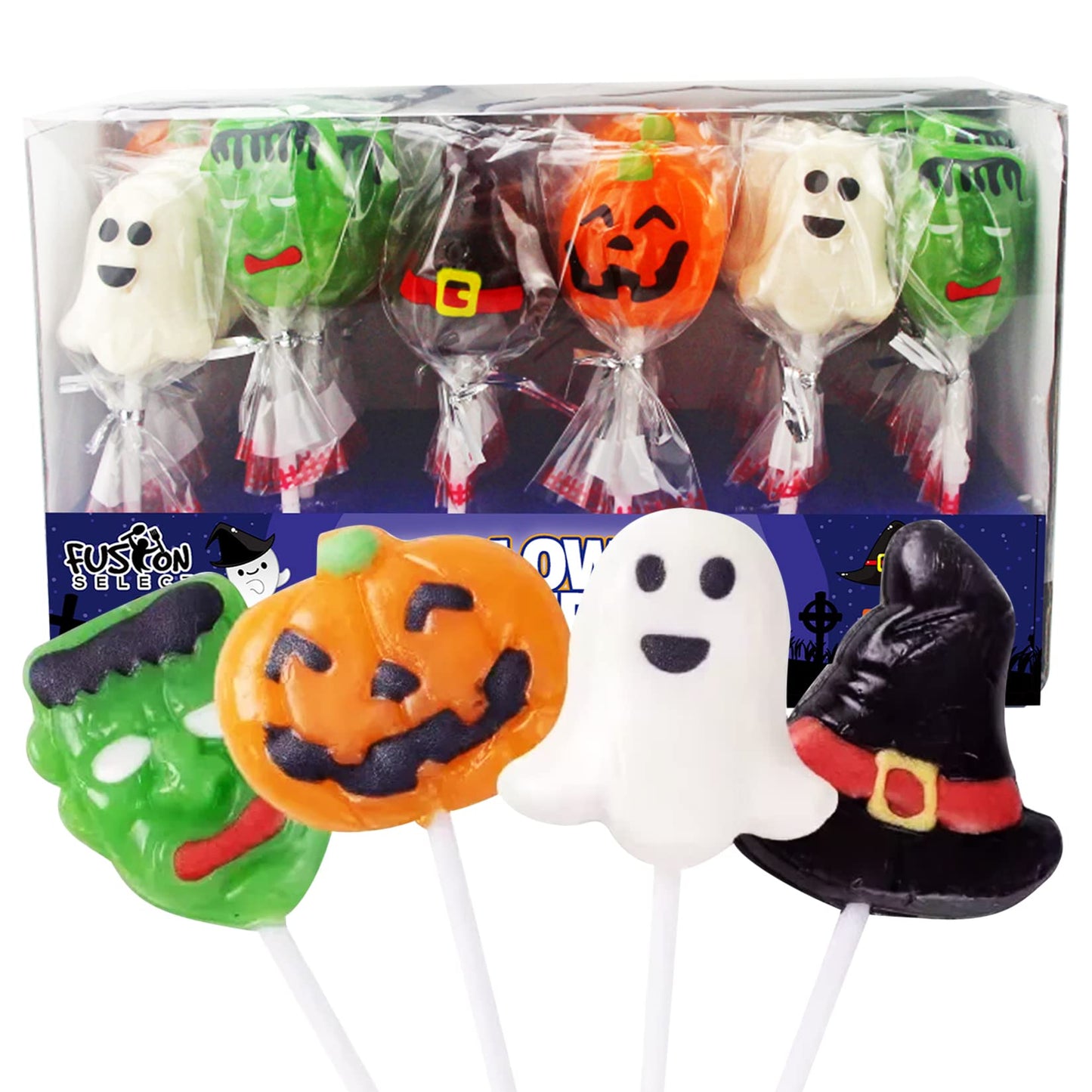 Fusion Select Halloween Candy Lollipops - Halloween Suckers - Trick or Treat Candies for Kids - Frankenstein's Monster, Jack o Lantern, Ghost & Witch Hat Halloween Sweets - Individually Wrapped - 30 Treats Per Box - 2 Packs Total 60 Lollipops