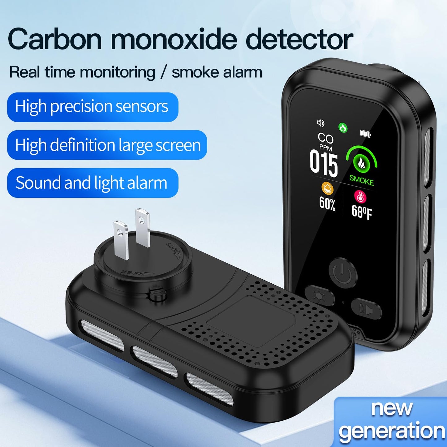 HAKINAKU 4IN1 Plug in Smoke & Carbon Monoxide Detector Combination Builti-in 2000 mAh Backup Battery HD Screen [Smoke CO Temp Humidity Sensor] Alarm for Home Travel Hotel Indoor (Black)