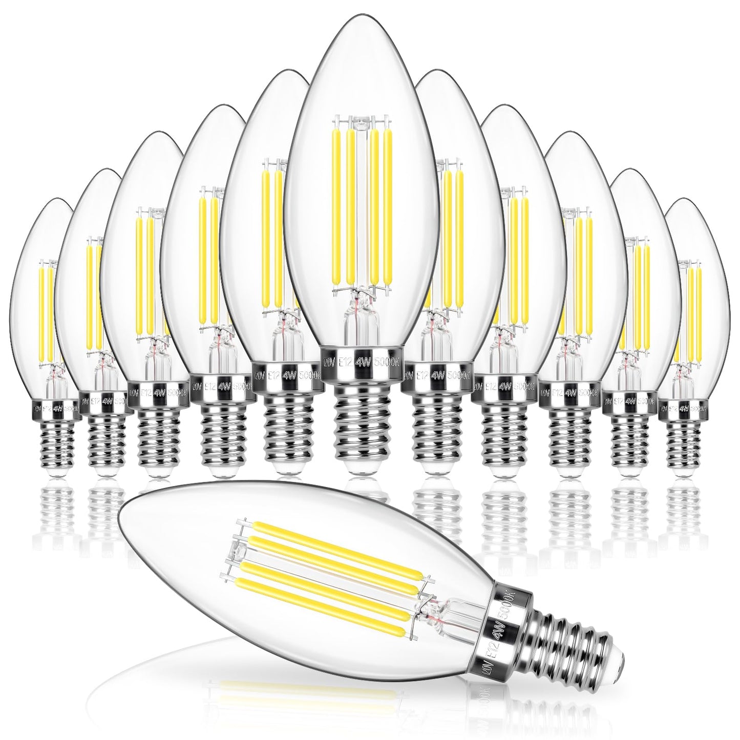 MAXvolador E12 LED Candelabra Bulb 40W Equivalent, 500LM Chandelier Light Bulb, Daylight White 5000K, B11 Filament Clear Glass Candle Base Light Non-Dimmable, 12 Pack
