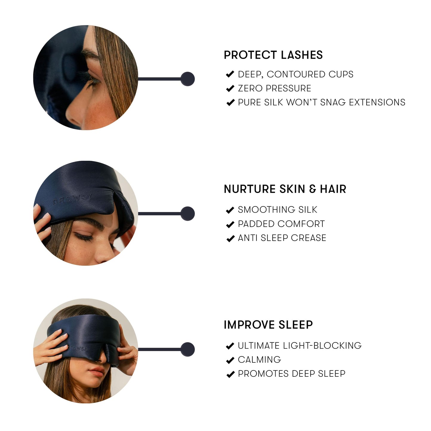 DROWSY Eyelash Protecting Silk Sleep Mask for Natural Lashes & Extensions. Deep Eye Cups, Zero Pressure, Total Blackout, Full Wraparound (Midnight Blue)