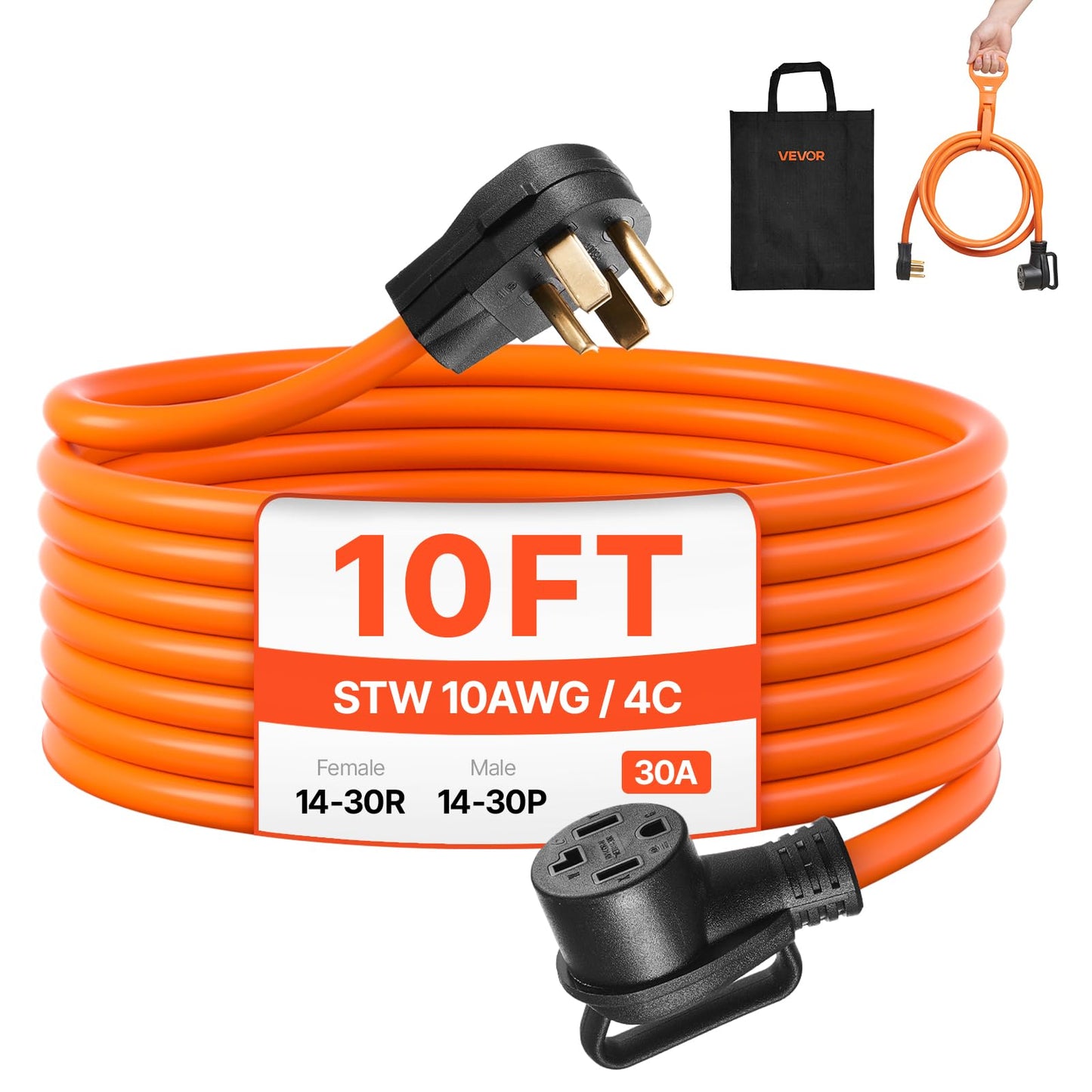 Vevor 10 Ft Dryer Extension Cord, 4-Prong Nema 14-30P To 14-30R Dryer Cord, 125V/250V, Stw 10Awg/4C, 30A, Pure Copper Wire Cable