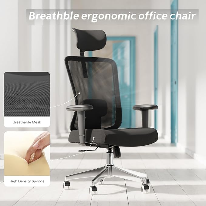 ZYFFHYLAI Ergonomic Office Chair, Mesh Desk Chair with Adjustable Headrest and 2D Armrest，Computer Chairs with Lumbar Support, Big and Tall Office Chair 400lbs, Large (01black)