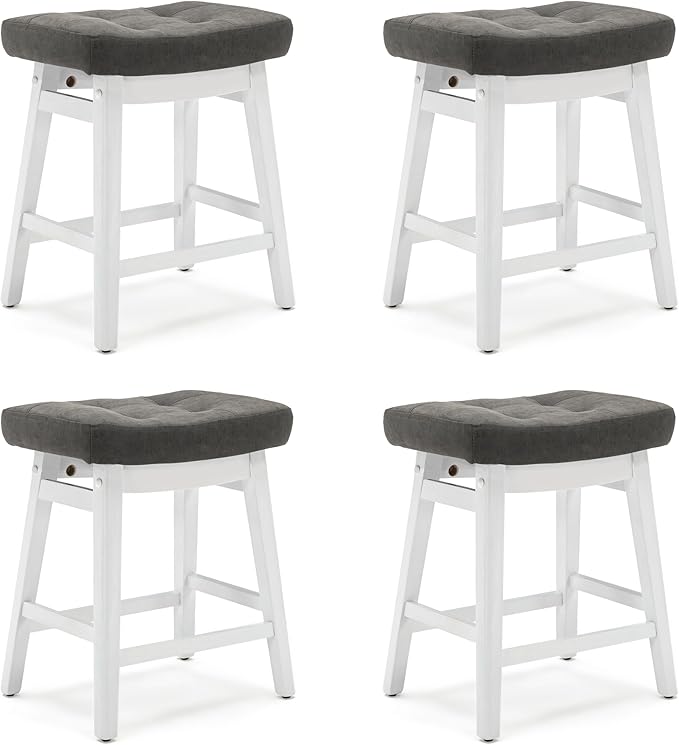 RNKSFX Counter Height Bar Stools Set of 4 for Kitchen Counter Farmhouse Modern Barstools with Faux Leather Upholstered Backless Seat and Solid Wood Legs 24 inch Bar Chairs, Grey + White