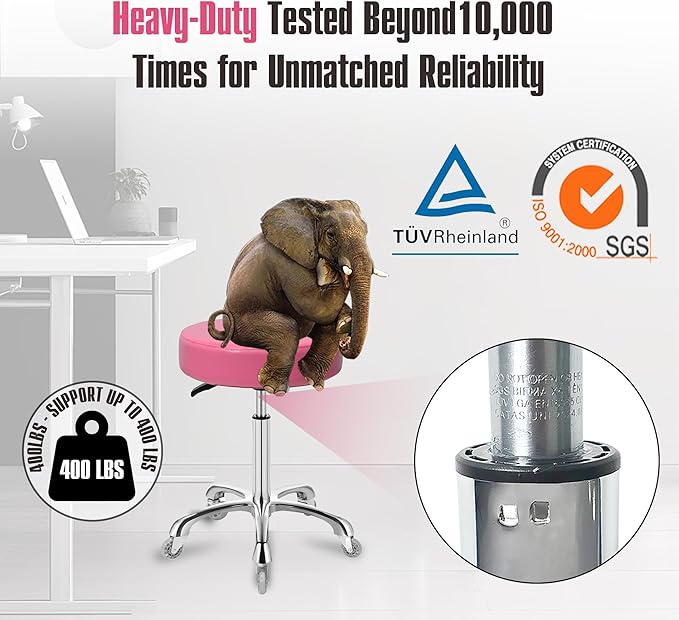 Ainilaily Rolling Stool with Wheels, Heavy Duty 400 lbs Stool for Shop Guitar Lab Tattoo Workbench Medical, Adjustable Swivel Chair (Pink)