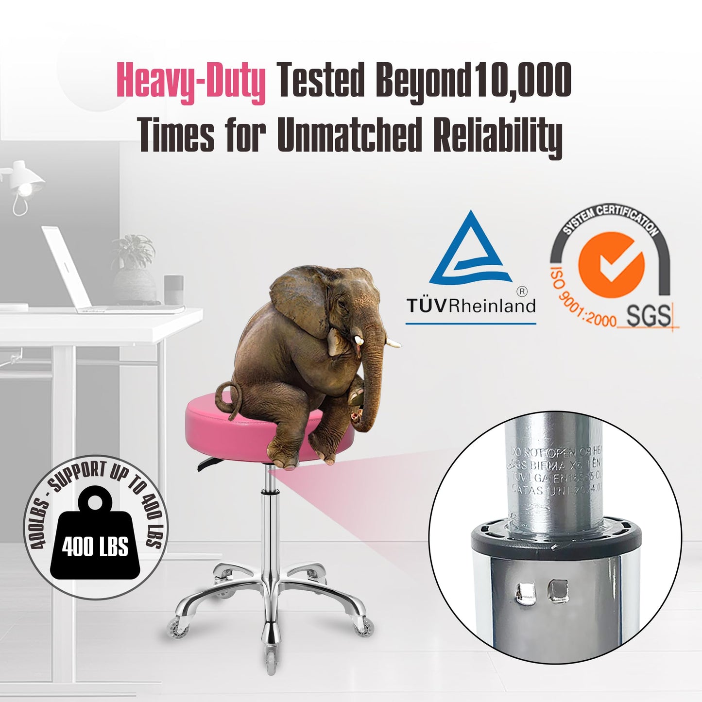 Ainilaily Rolling Stool with Wheels, Heavy Duty 400 lbs Stool for Shop Guitar Lab Tattoo Workbench Medical, Adjustable Swivel Chair (Pink)
