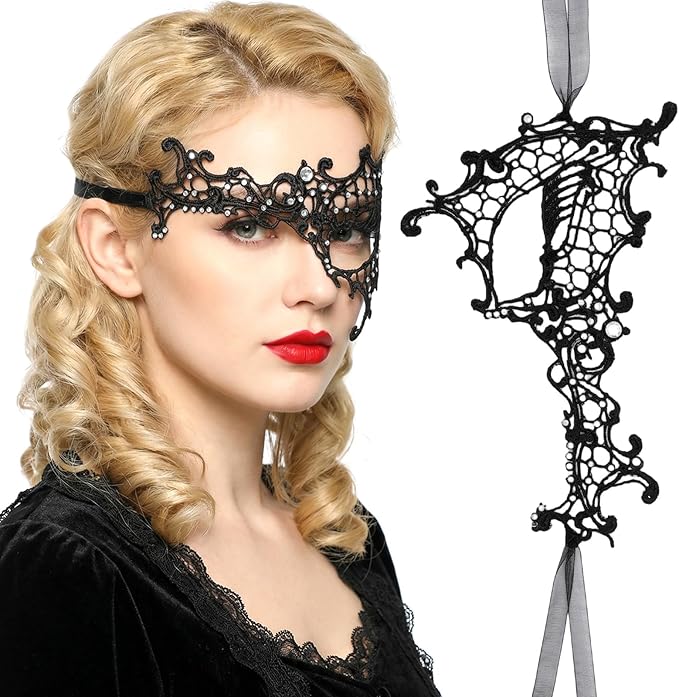 Telooco Black Masquerade Mask for Women Rhinestone Lace Masquerade Mask Sparkly Half Eye Masks for Mardi Gras Cosplay Cost...