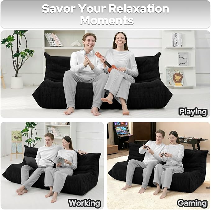 HABUTWAY Bean Bag Chairs Fireside Lazy Floor Sofa, Soft Teddy Fleece 3 Seater Sofa with High-Resilience Foam Filling，Beanbag for Living Room, Bedroom, Office (Black Teddy)