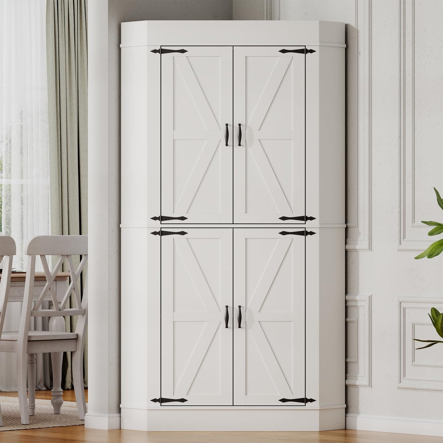 Gyfimoie Corner Cabinet,Kitchen Pantry Storage Cabinets,Freestanding Corner Pantry Cabinet with 4 Doors and Shelves,Tall Food Pantry Farmhouse Furniture with Side Rack for Kitchen Dining Room (White)