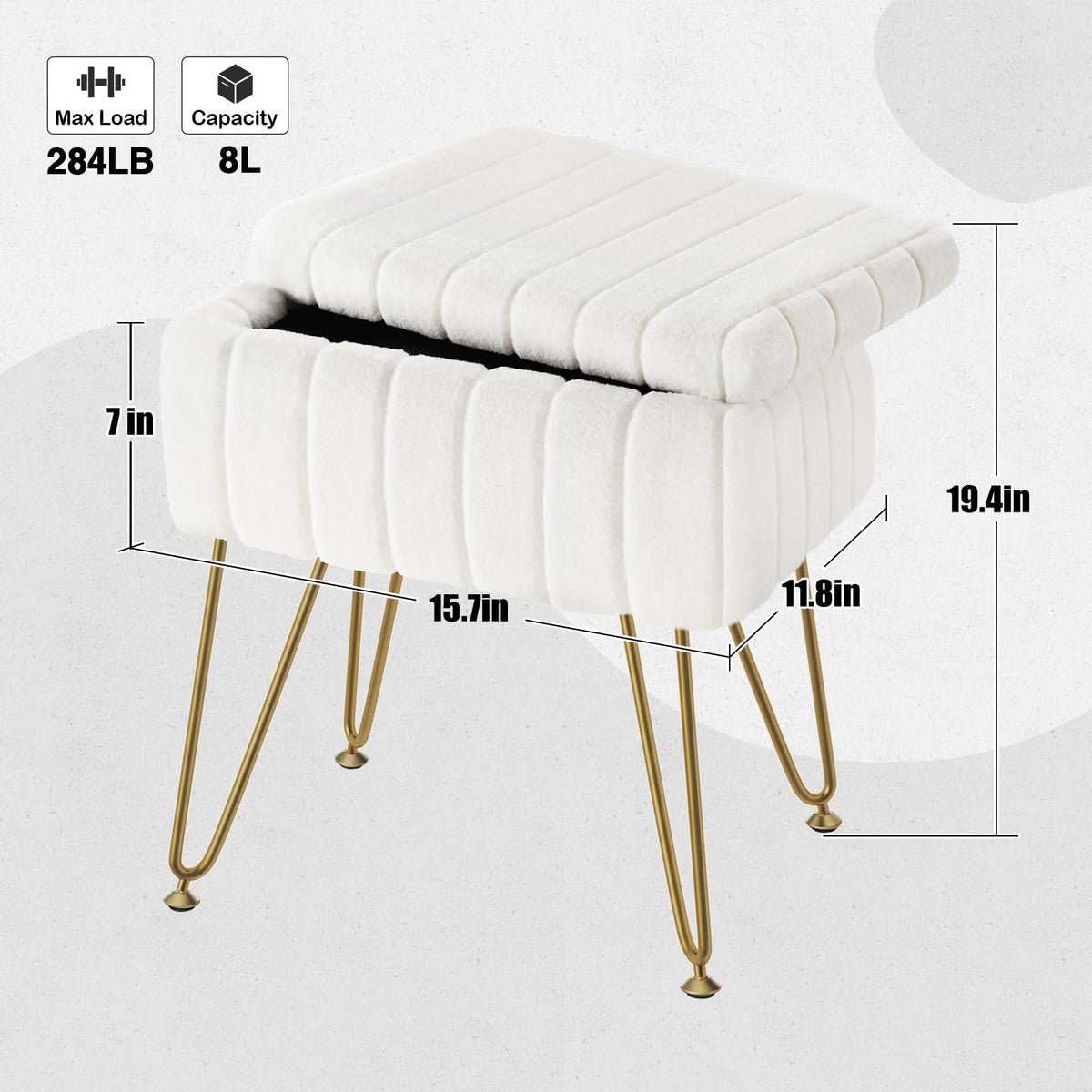 Greenstell Vanity Stool Chair Faux Fur with Storage, 15.7"L x 11.8"W x 19.4"H Soft Ottoman 4 Metal Legs with Anti-Slip Feet, Furry Padded Seat, Modern Multifunctional Chairs for Makeup, Bedroom White