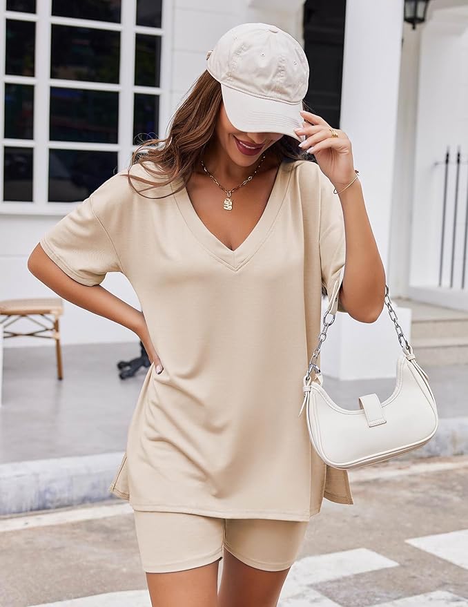Ekouaer Womens Pajamas 2 Piece Lounge Sets Oversized V Neck T-Shirts Tops Biker Shorts Set Workout Reversible Tracksuit S-XXL