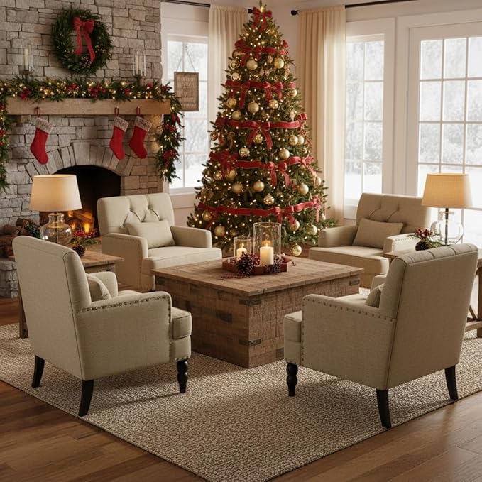 HUIMO Tufted Club Chair,Accent Chair with Lumbar Pillow, Upholstered Button Armchair, Linen Fabric Sofa Chairs for Bedroom, Living Room, Mid Century Modern with Studded Reading Chair Brown