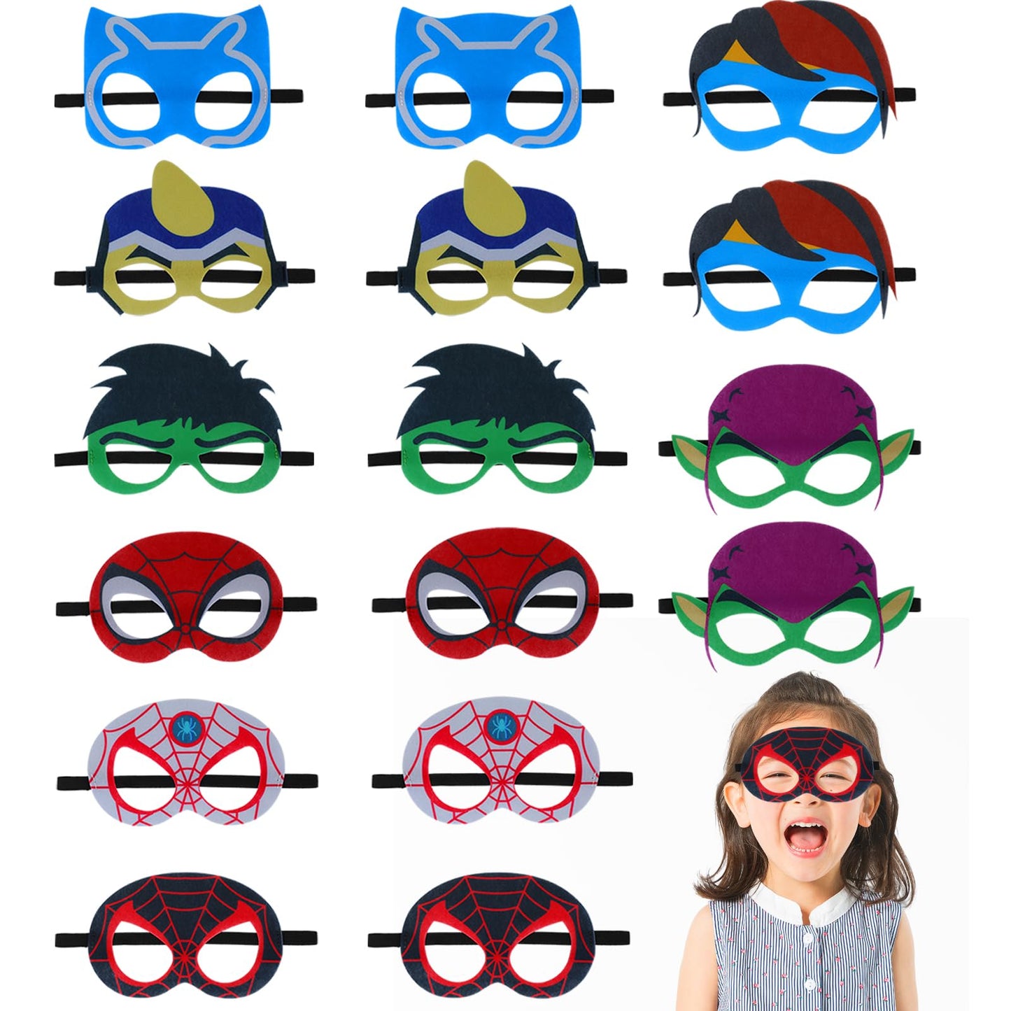 Pitydeda Superhero Masks for kids,16 Packs Super Hero Costumes Party Supplies Birthday Gift Halloween Cosplay Felt Mask for Kid Superheros Favors Decorations