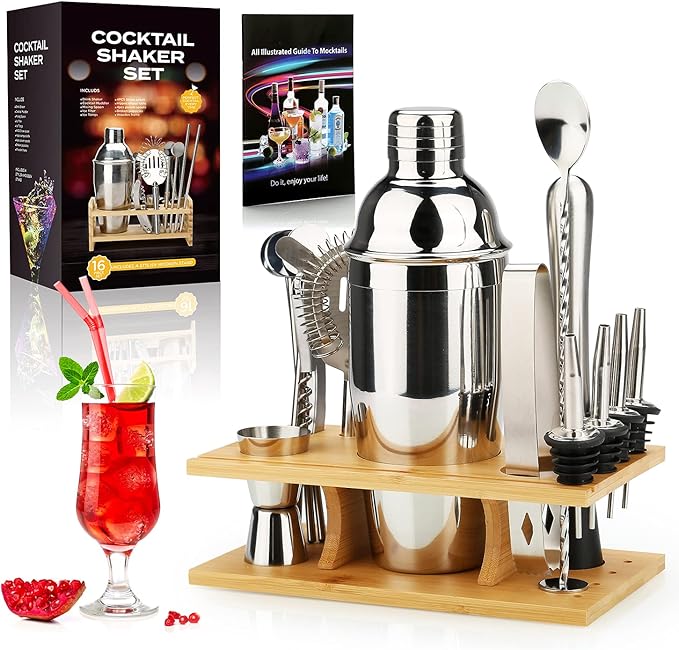 25 oz Cocktail Shaker Set 16 Pcs Mixology Bartender Kit with Stand - Professional Stainless Steel Bartending Kit - Perfect...