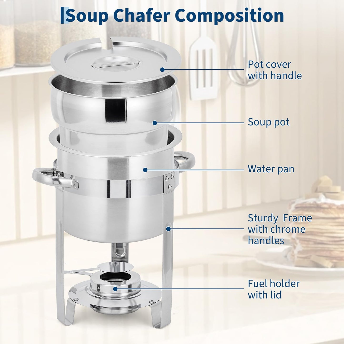 GarveeHome 11QT Soup Chafer Set of 4, Stainless Steel Round Soup Warmer with Pot, Notched Lids & Fuel Holders, Commercial Food Warmer for Buffets, Events and Party Service