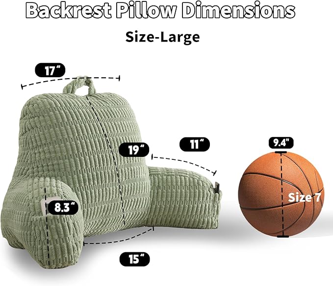 PAJEO Reading Pillow for Sitting in Bed, Large Backrest Reading Pillow with Arm Rest,Back-Rest Support Cushion for Sit Up on Couch, Sofa, and Floor, Dorm Essentials (Green Corduroy, Large(19"))