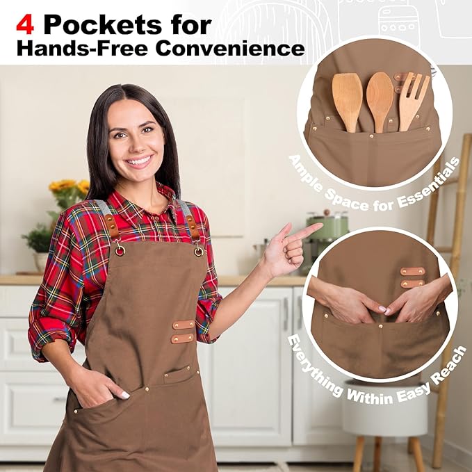 chef apron bib tool apron for man woman cross back straps with 4 pockets for kitchen cooking gardening baking working