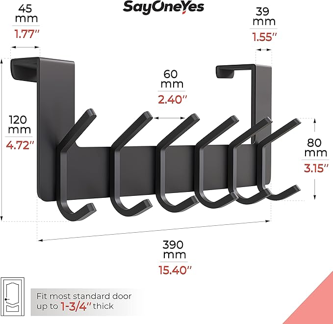 Matte Black Over The Door Hooks – Heavy Duty Stainless Steel Door Hanger with 6 Double Hooks for Hanging Towels, Coats, Robes, Hats, Bags – No Drill Over Door Towel Rack for Bathroom & Bedroom
