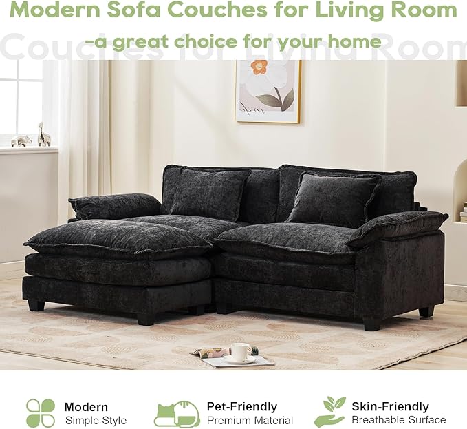 Oprisen 86" Modular Sectional Sofa, Comfy Cloud Couch Sectional Sofa with Ottoman, Chenille Sofa Sleeper Deep Seat Sofa with Throw Pillows for Living Room (Black, 86"- L Shape)