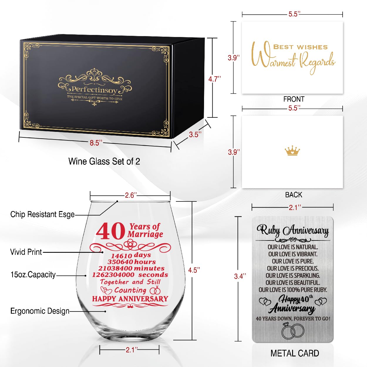Perfectinsoy 40 Years of Marriage Wine Glasses Set of 2 with Metallic Memorial Card, 40th Birthday Wedding Gifts for Mom, Dad, Wife, Soulmate, Couple, Funny 40 Years Milestone Gift, Wedding Gift