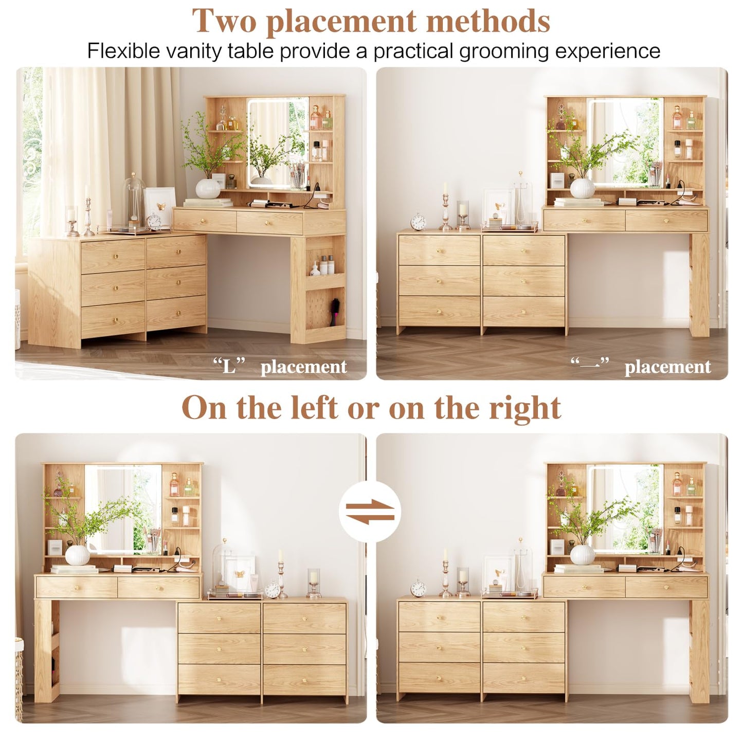 Ieejdn Large Makeup Vanity Desk with Mirror and Lights, Vanity Desk with 8 Drawers & Storage Shelves, Vanity Table with Power Outlet, 3 Color Modes & Adjustable Brightness Dressing Table, Bedroom,Oak
