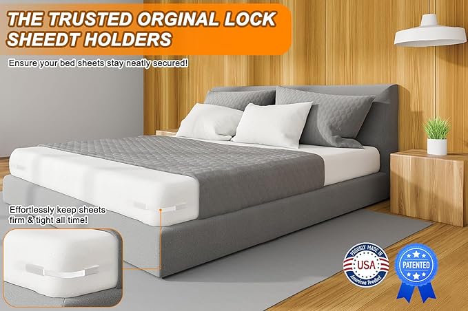 Bed Sheet Holders for Corners, 4Pcs Heavy Duty Fitted Sheet Holder with Lock Fastener Straps &Anti-Slip Pads Keep Sheets Firm&Tight, No More Loose Sheets, Easy Installation for Any Mattress (White)