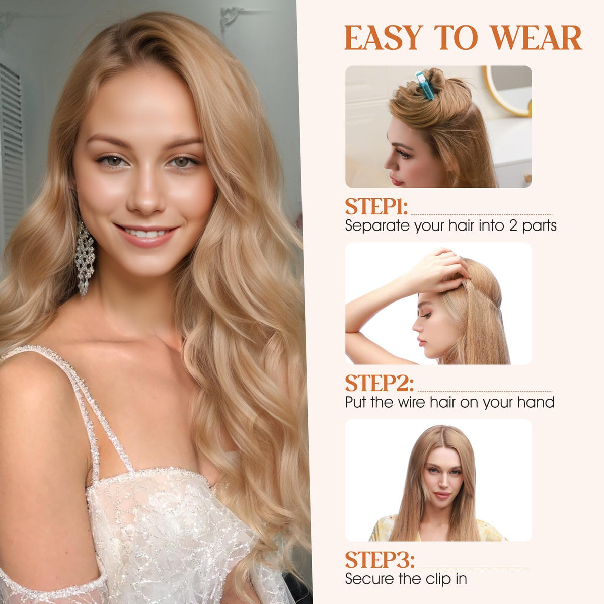 S-noilite Wavy Halo Hair Extensions Real Human Hair,16Inch Invisible Wire Hair Extensions,2 Clips Halo Extensions for Women(Dark