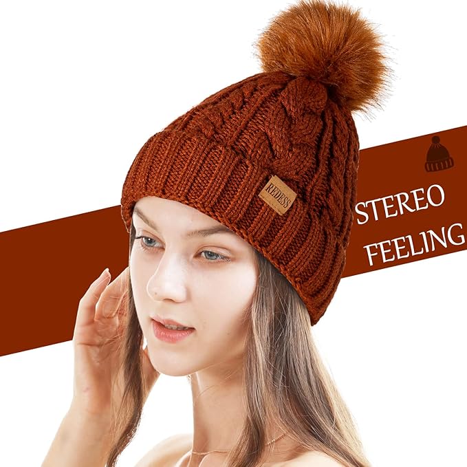 REDESS Women Winter Pompom Beanie Hat with Warm Fleece Lined, Thick Slouchy Snow Knit Skull Ski Cap
