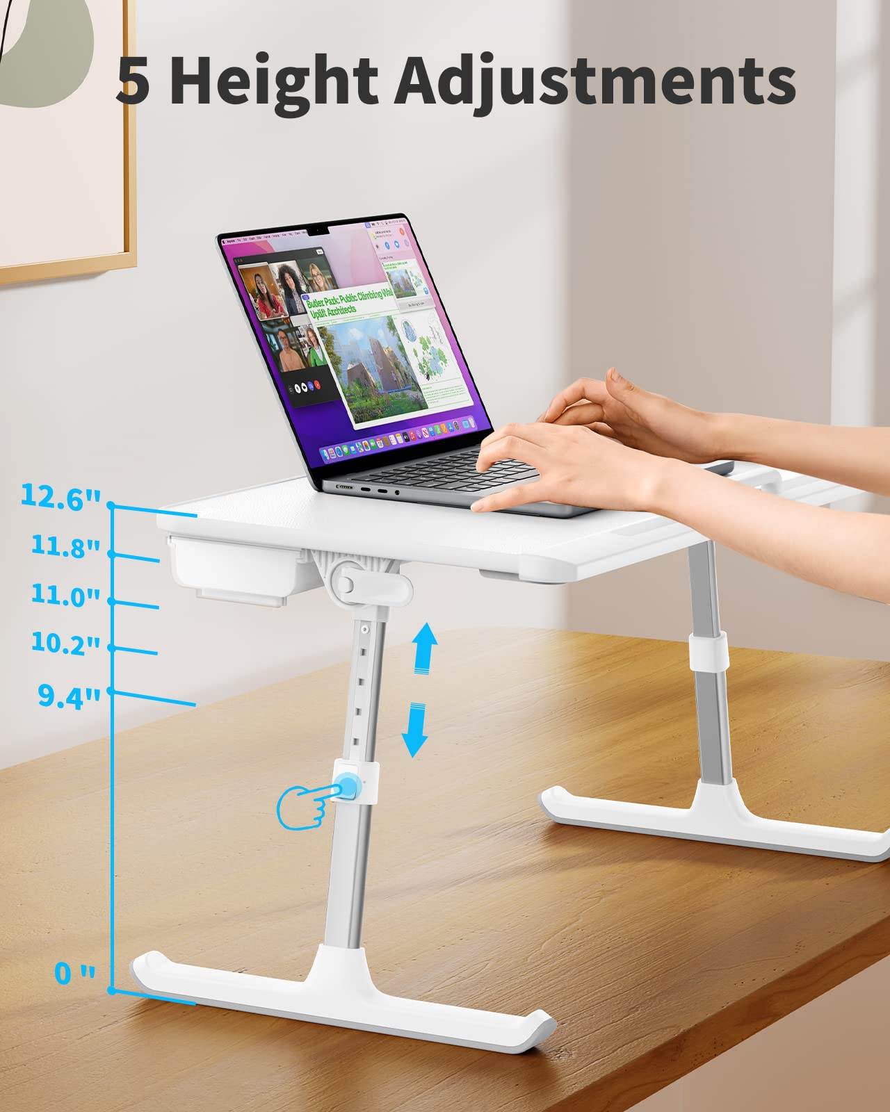 SAIJI Laptop Bed Tray Table, Adjustable PVC Leather Laptop Bed Table, Portable Standing Desk with Storage Drawer, Foldable Lap Tablet Table for Sofa Couch Floor (Large,White)